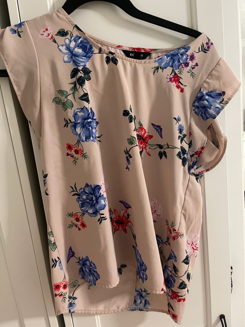 Floral Cap-Sleeve Blouse - Pink with Blue & Red Floral Print